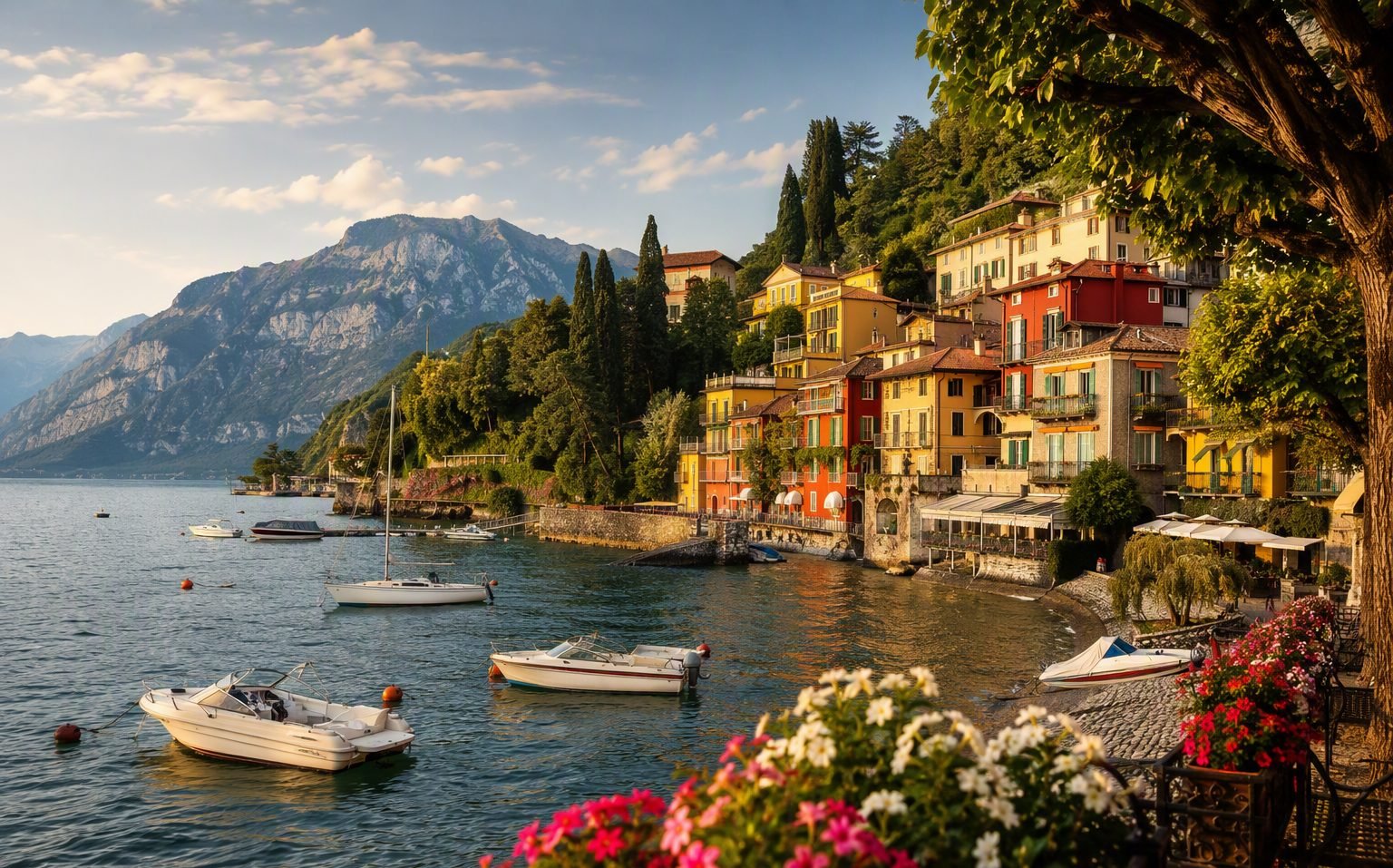 Varenna waterfront in warm spring light on Lake Como