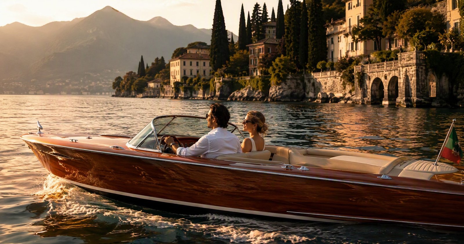 Golden sunset light over the central basin of Lake Como
